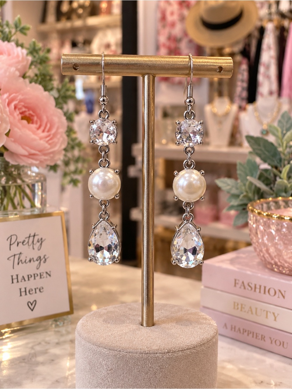 Silver Pearl & Crystal Drop Earrings - Elegant Bridal Jewelry NWOT